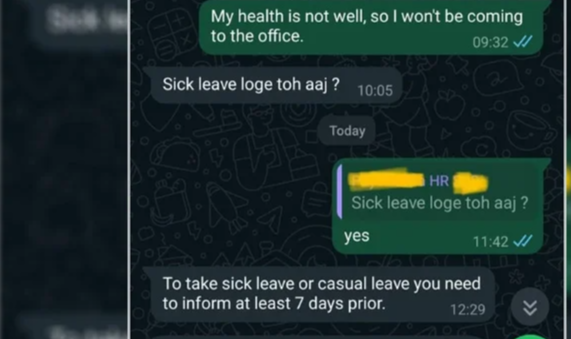 بیماری کی چھٹی چاہیے تو 7 دن پہلے بتاؤ، منیجر کا ملازم کو میسج وائرل